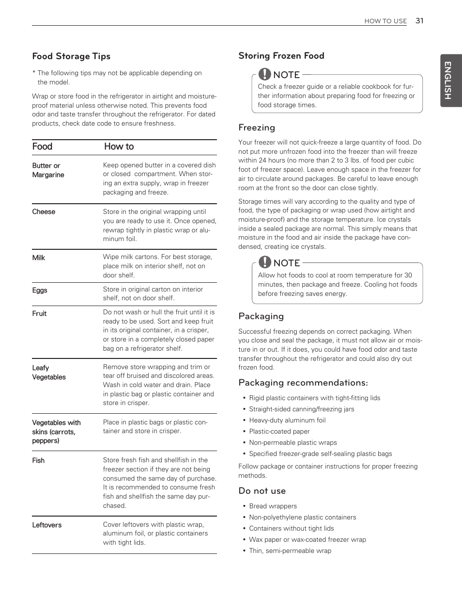 Food storage tips, Storing frozen food freezing, Packaging | Packaging recommendations, Do not use | LG LMX25986ST User Manual | Page 31 / 53