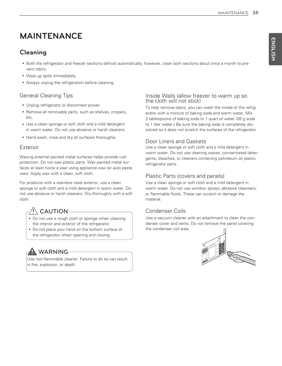 Maintenance, Cleaning, Caution | Warning | LG LMX25986ST User Manual | Page 35 / 53