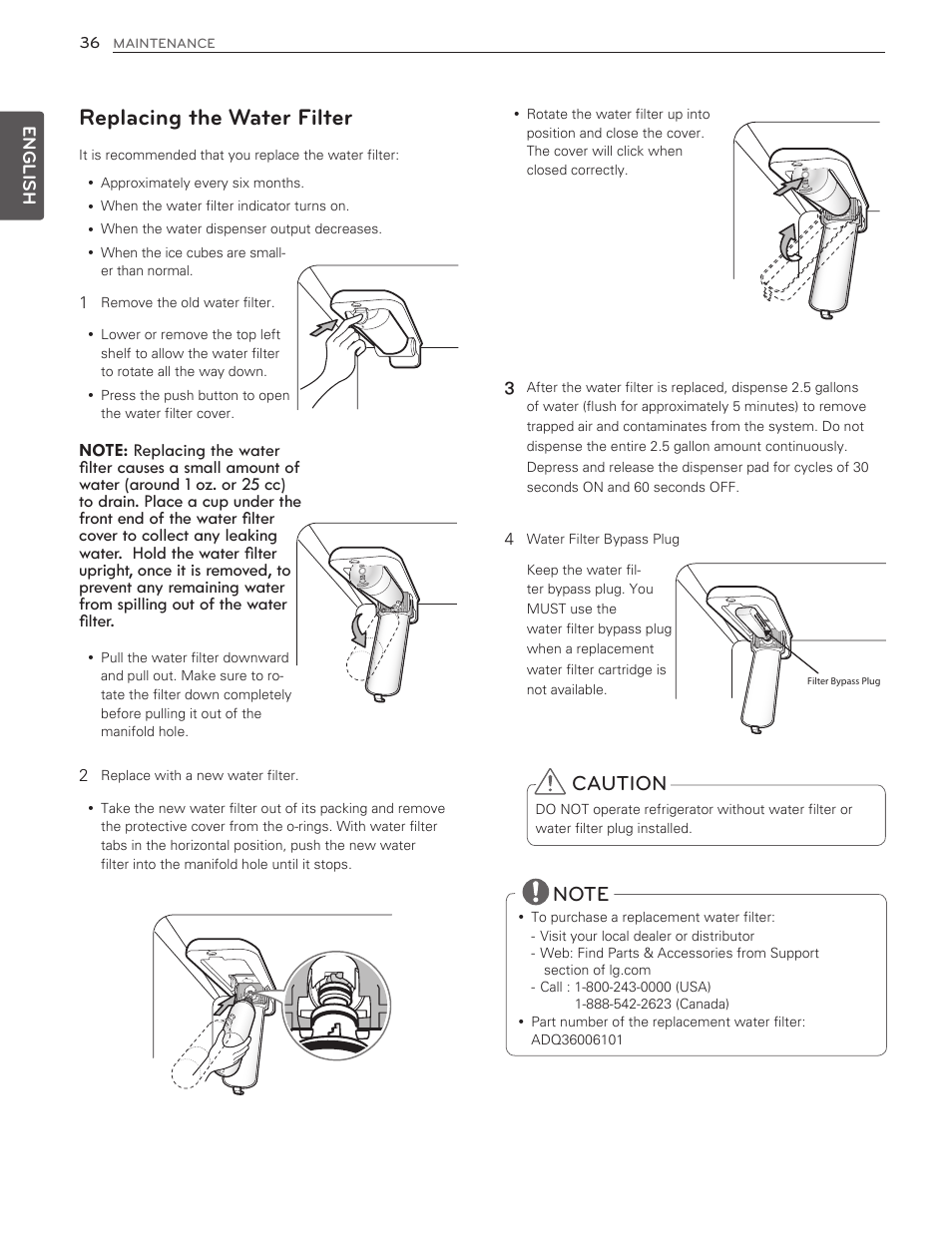 Replacing the water filter, Caution, English | 38 replacing the water filter | LG LMX25986ST User Manual | Page 36 / 53