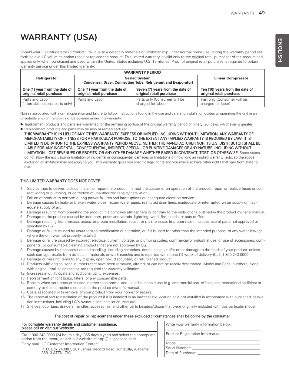 Warranty (usa), English | LG LMX25986ST User Manual | Page 49 / 53
