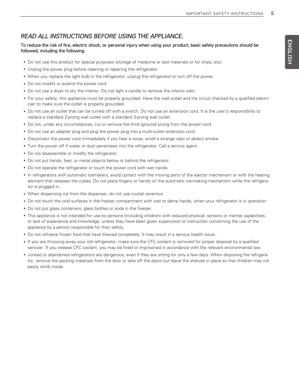 English, Read all instructions before using the appliance | LG LMX25986ST User Manual | Page 5 / 53