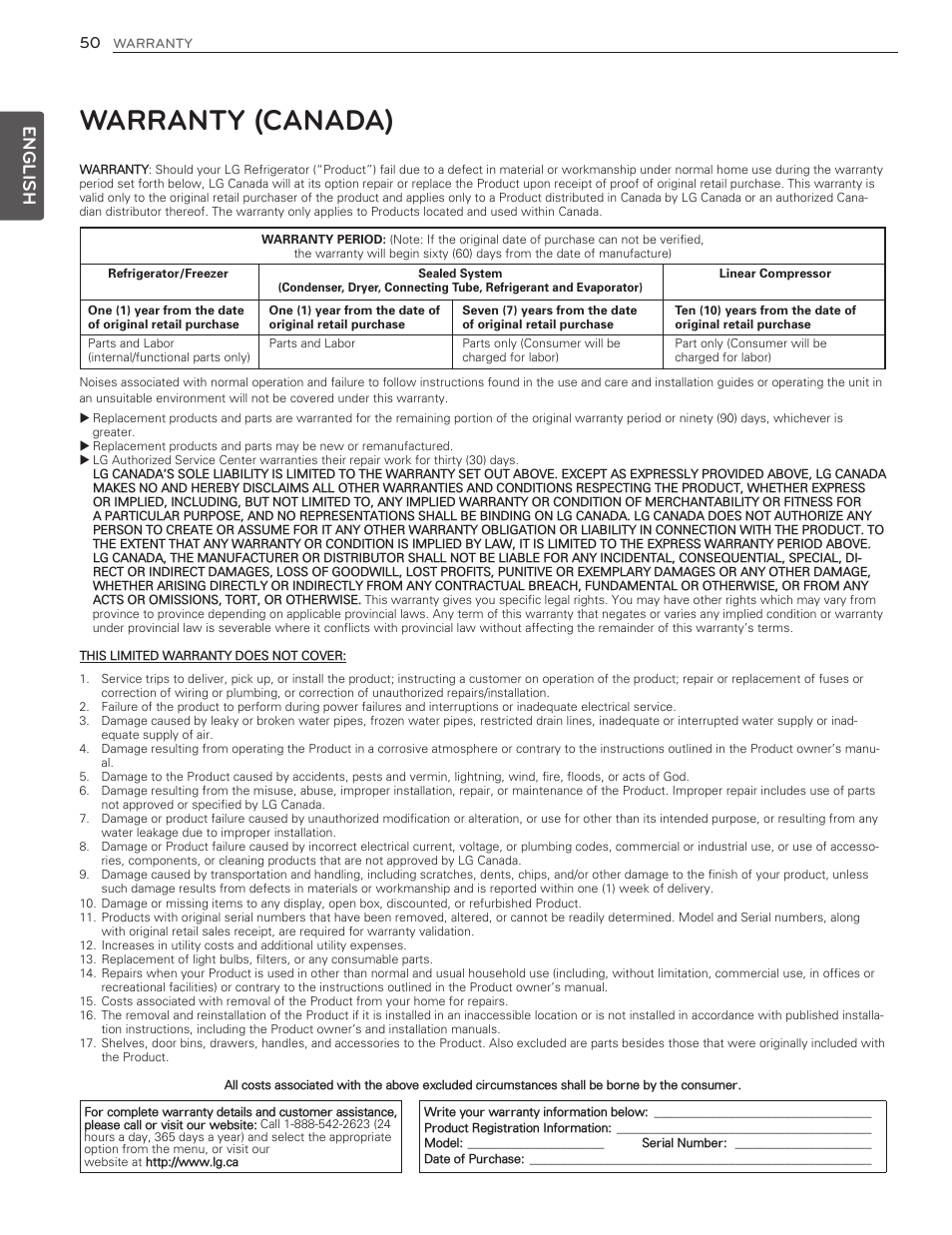 Warranty (canada), English | LG LMX25986ST User Manual | Page 50 / 53