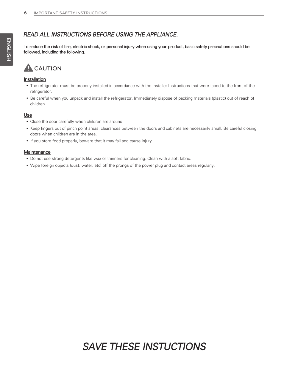 Save these instuctions, Caution | LG LMX25986ST User Manual | Page 6 / 53