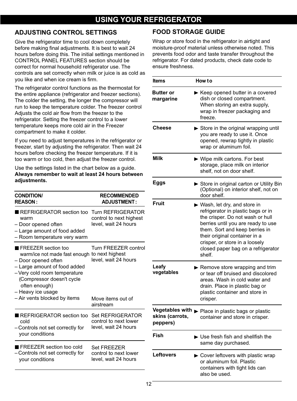 Using your refrigerator, Food storage guide, Adjusting control settings | LG LSC27910SB User Manual | Page 12 / 55