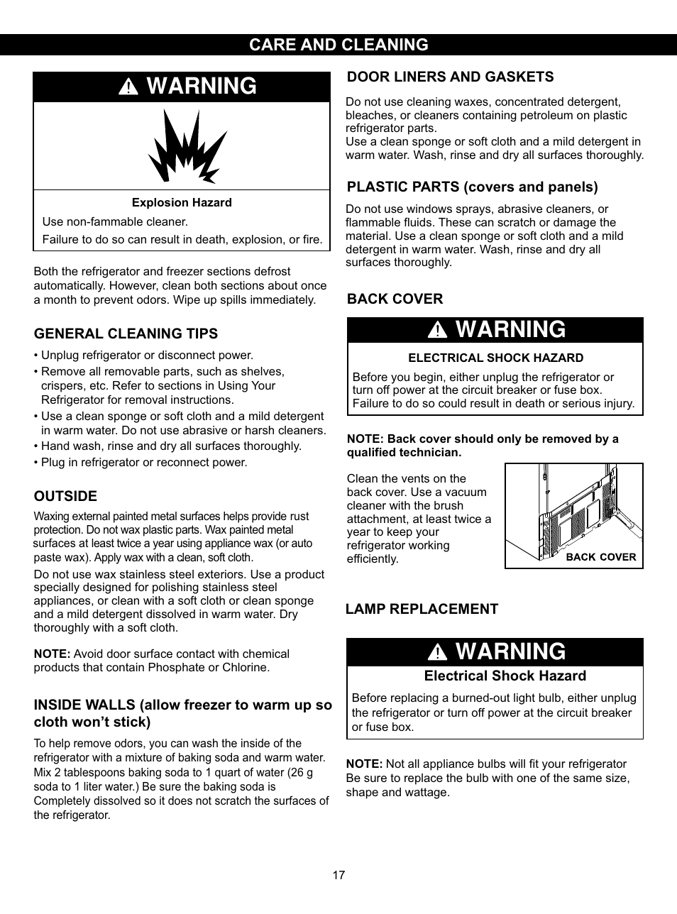 Warning, Care and cleaning | LG LSC27910SB User Manual | Page 17 / 55