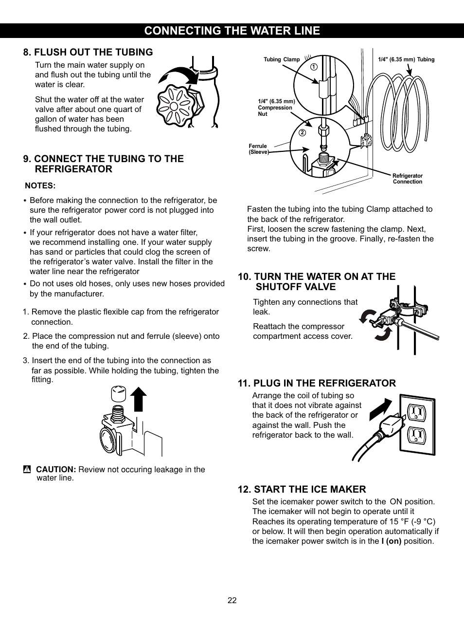 Connecting the water line, Connect the tubing to the refrigerator, Turn the water on at the shutoff valve | Plug in the refrigerator, Start the ice maker, Flush out the tubing | LG LSC27910SB User Manual | Page 22 / 55