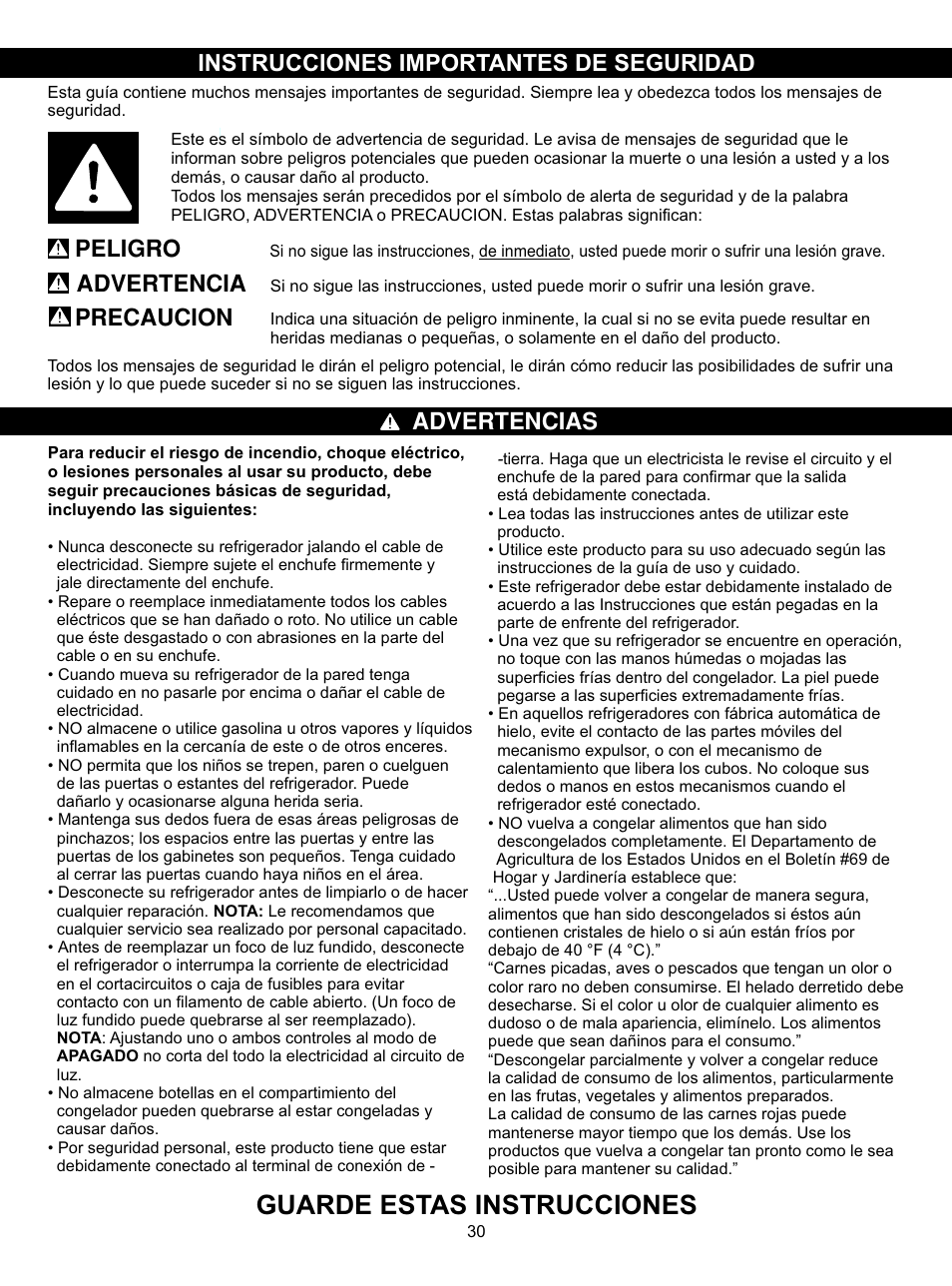 Guarde estas instrucciones, Instrucciones importantes de seguridad, Advertencias | Peligro advertencia precaucion | LG LSC27910SB User Manual | Page 30 / 55