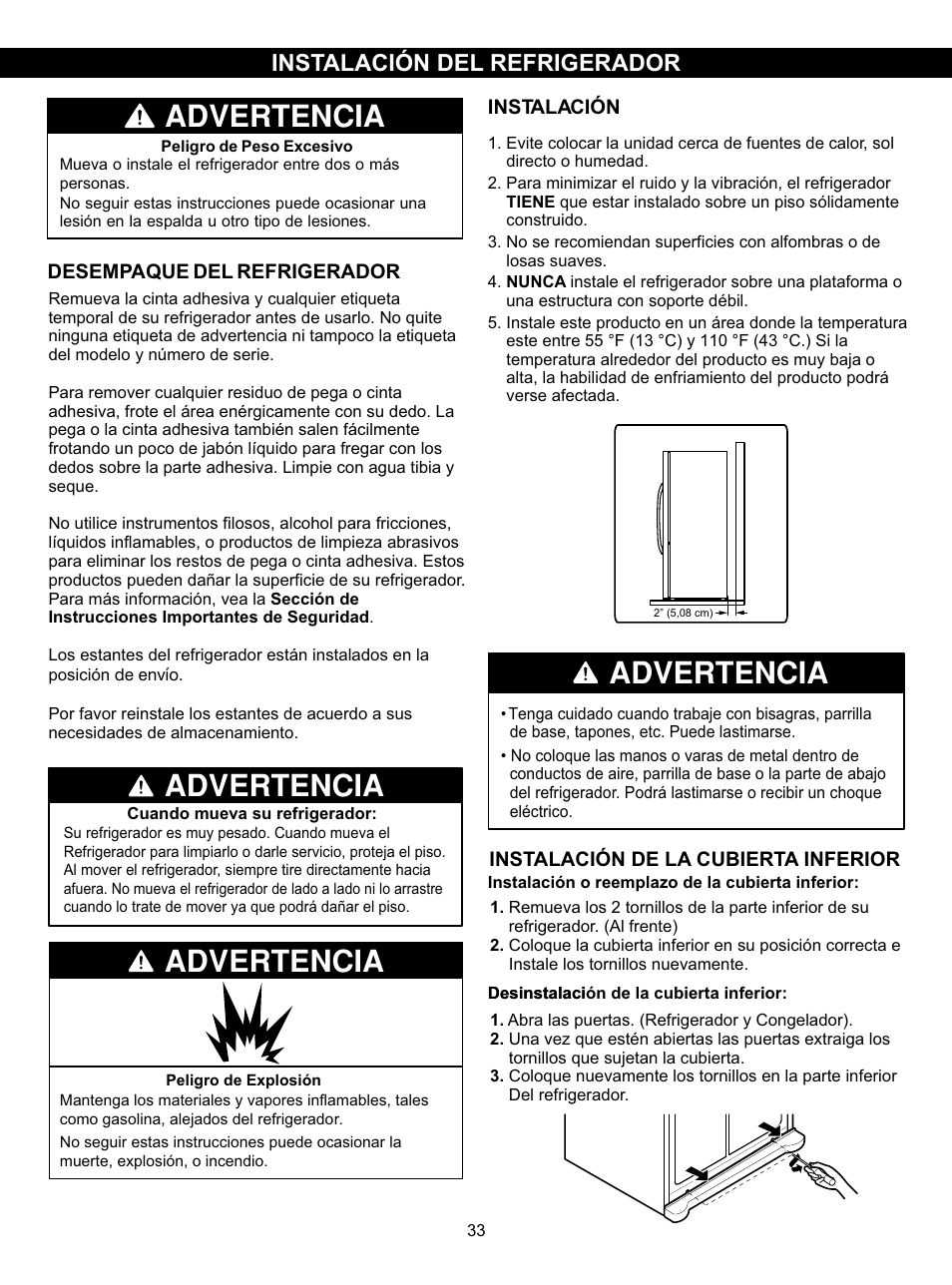Advertencia, Instalación del refrigerador | LG LSC27910SB User Manual | Page 33 / 55