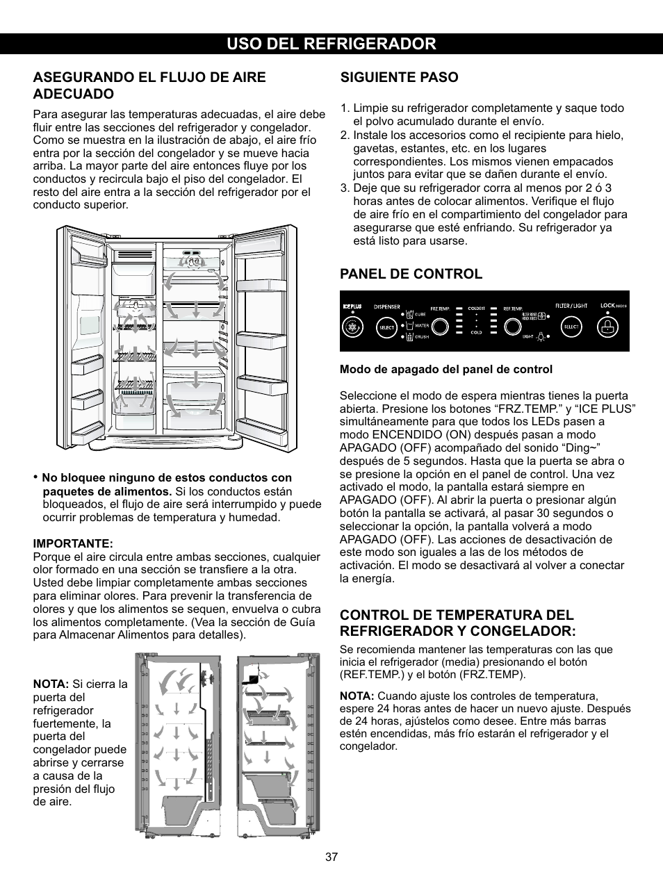 Refrigerator installation, Uso del refrigerador | LG LSC27910SB User Manual | Page 37 / 55