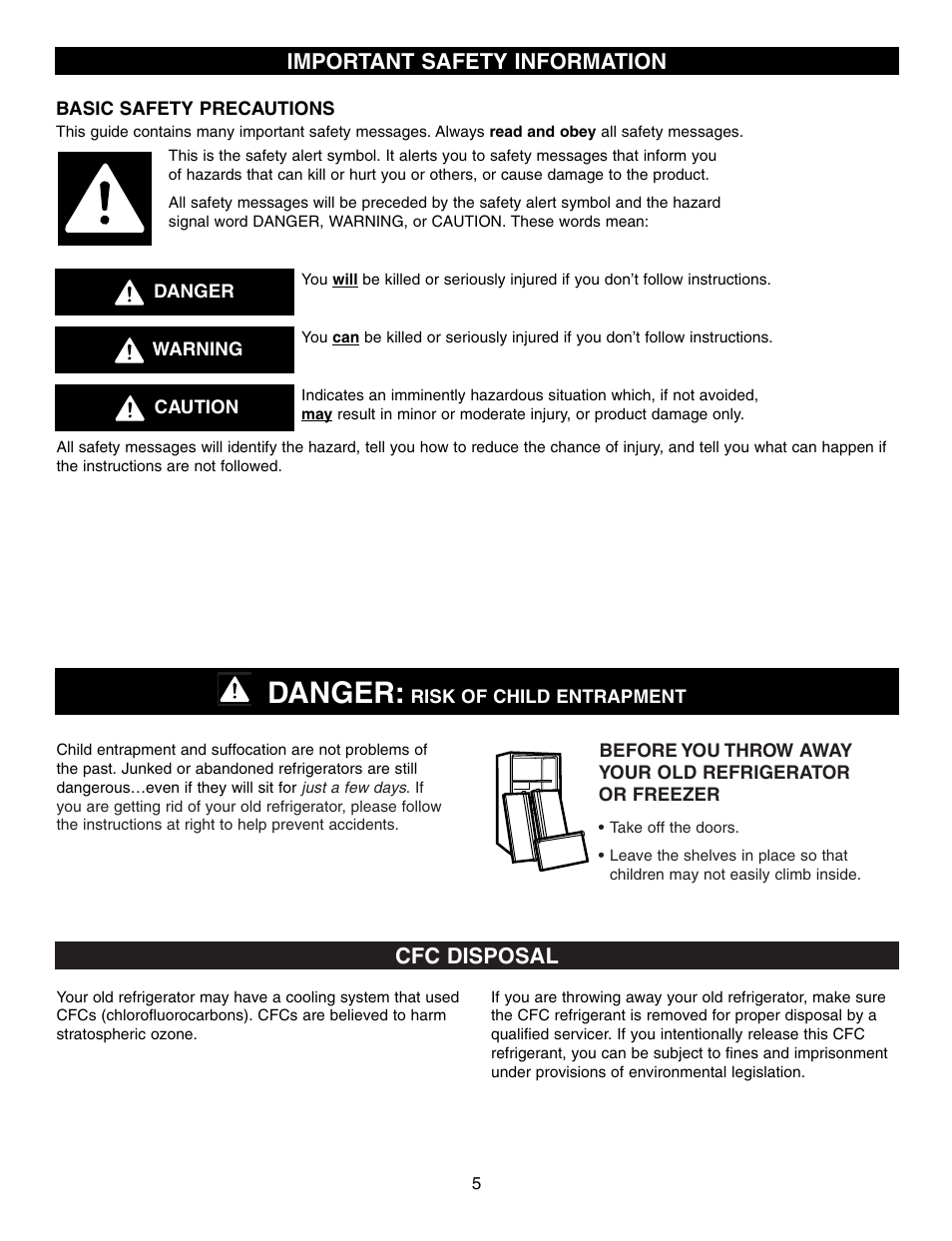Danger, Important safety information, Cfc disposal | LG LFX25960ST User Manual | Page 5 / 44