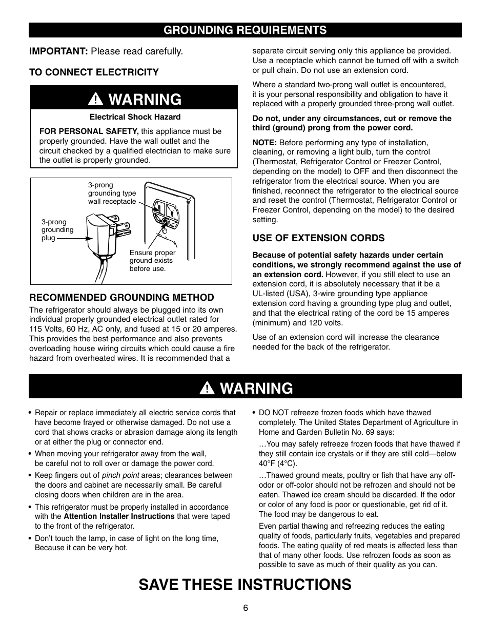 Warning, Save these instructions, Grounding requirements | LG LFX25960ST User Manual | Page 6 / 44