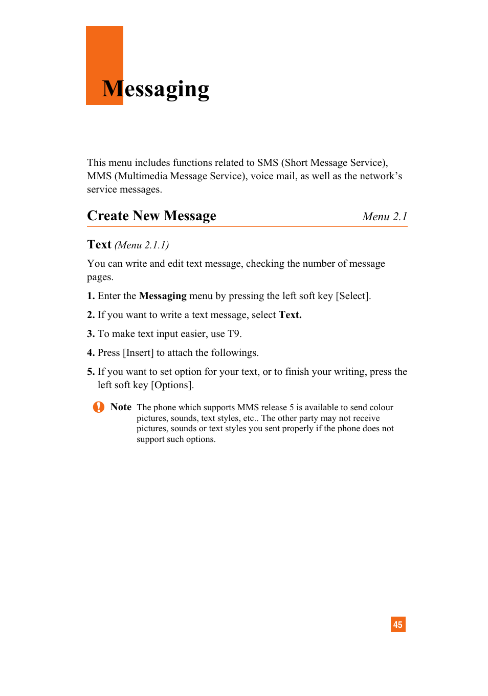 Messaging, Create new message | LG A7110 User Manual | Page 47 / 262