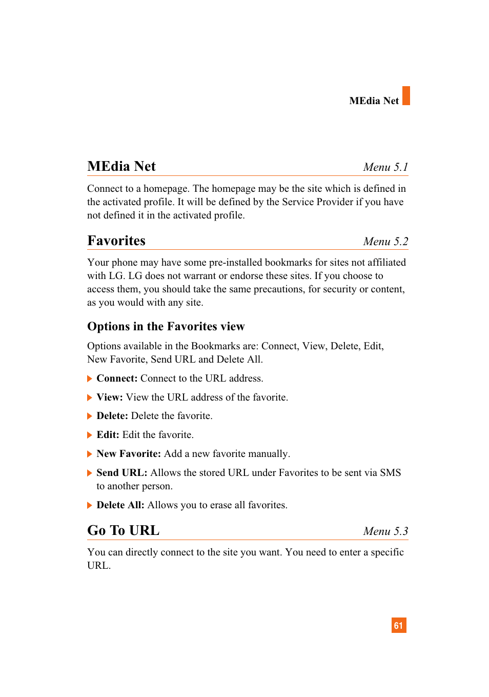 Media net, Favorites, Go to url | LG A7110 User Manual | Page 63 / 262
