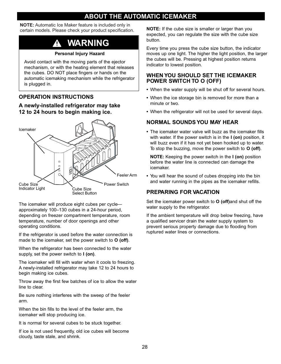Warning, About the automatic icemaker | LG LDN22735SW User Manual | Page 28 / 36