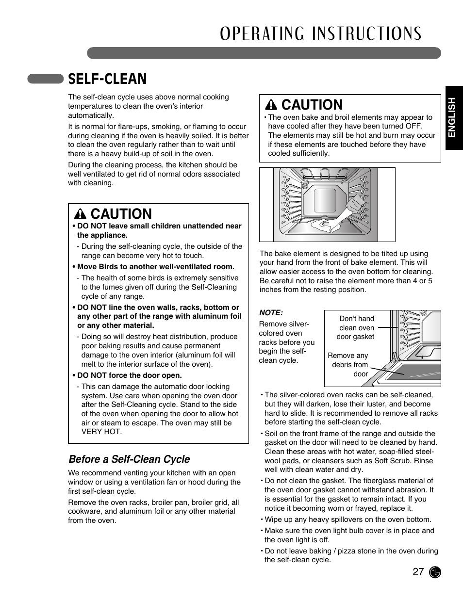 Self-clean, Caution, Before a self-clean cycle | LG LRE3091SW User Manual | Page 27 / 40