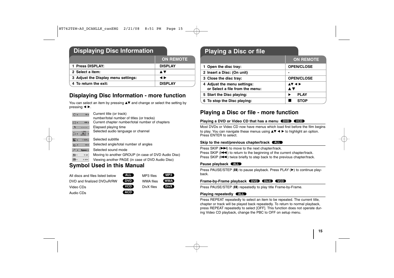 Displaying disc information, Playing a disc or file, Displaying disc information - more function | Symbol used in this manual, Playing a disc or file - more function | LG LHT888 User Manual | Page 15 / 24