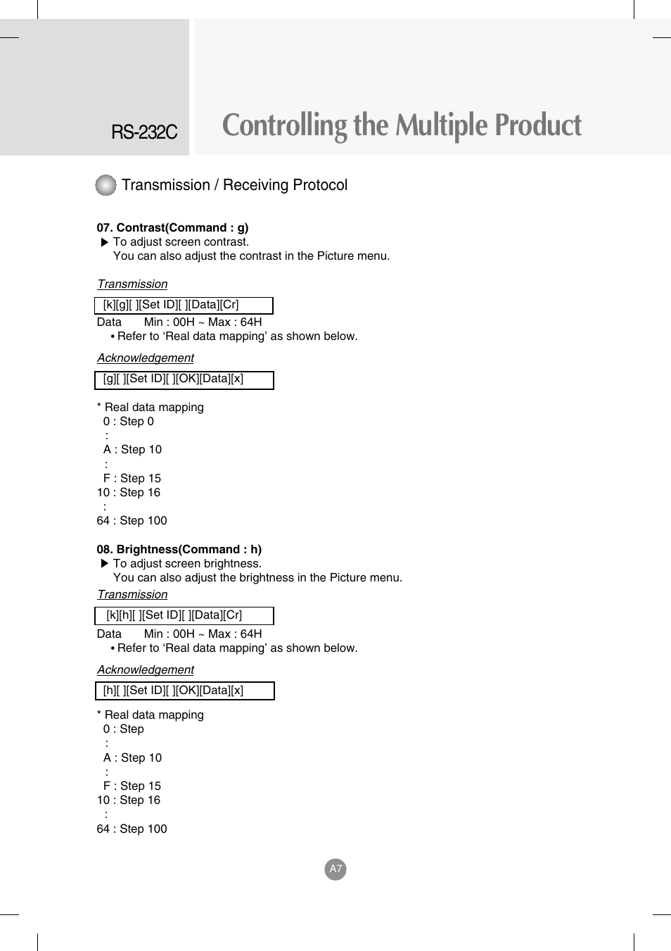 Controlling the multiple product, Rs-232c, Transmission / receiving protocol | LG M4714C-BAG User Manual | Page 45 / 66