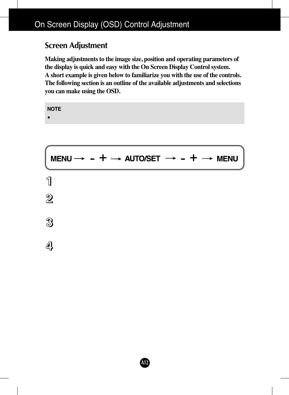 On screen display (osd) control adjustment, Screen adjustment | LG L226WTQ-BF User Manual | Page 13 / 27