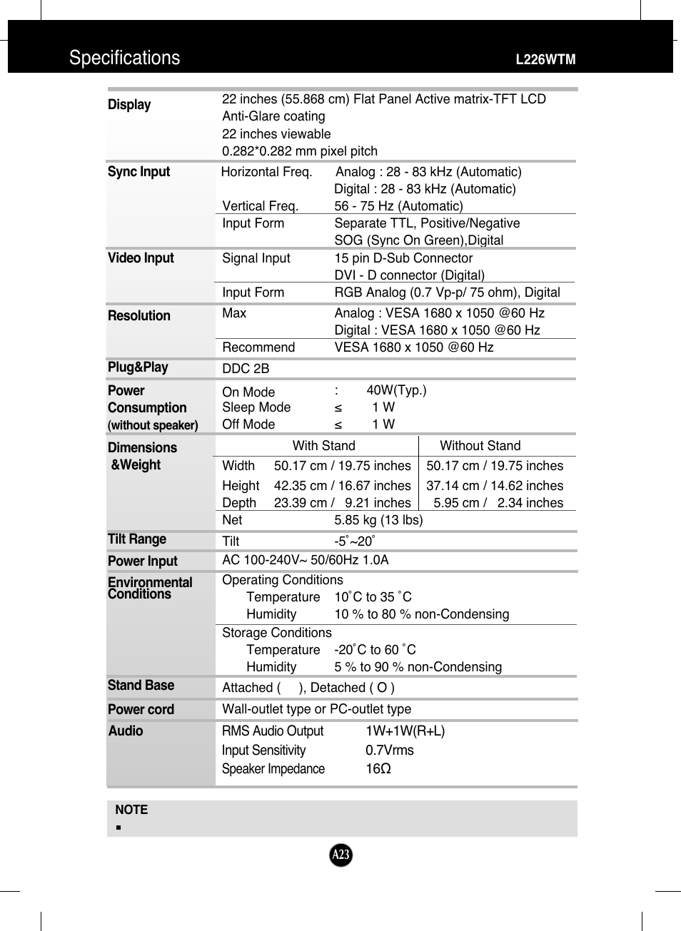 L226wtm, Specifications | LG L226WTQ-BF User Manual | Page 24 / 27