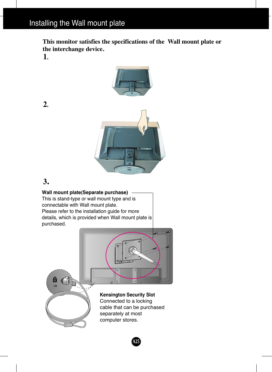 Installing the wall mount plate | LG L226WTQ-BF User Manual | Page 26 / 27