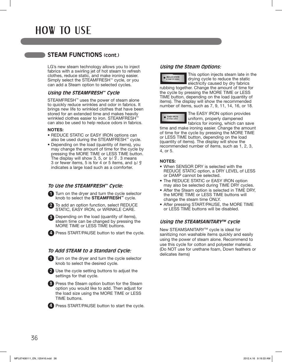 Steam functions | LG DLGX2656V User Manual | Page 36 / 100