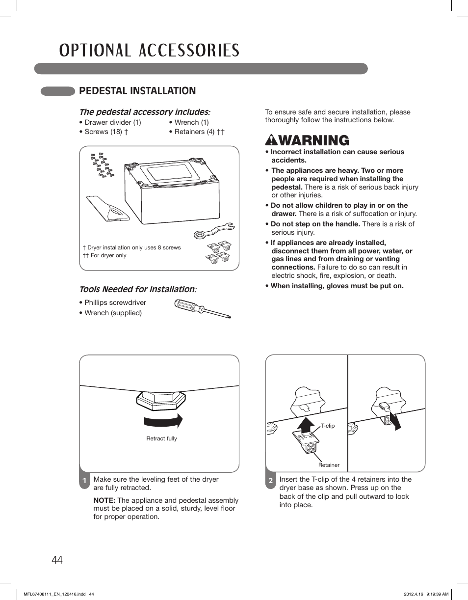 Wwarning, Pedestal installation | LG DLGX2656V User Manual | Page 44 / 100