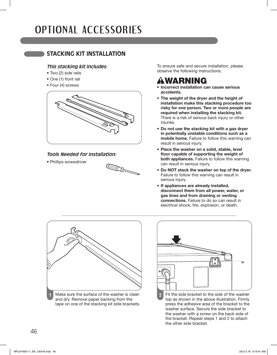 Wwarning, Stacking kit installation | LG DLGX2656V User Manual | Page 46 / 100