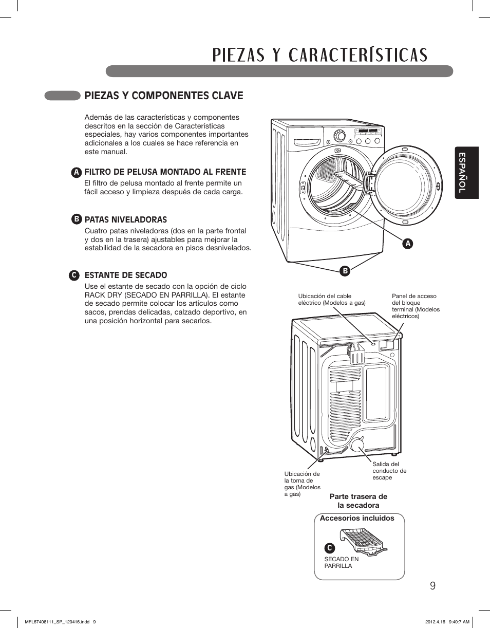 Piezas y componentes clave, Esp anol | LG DLGX2656V User Manual | Page 57 / 100