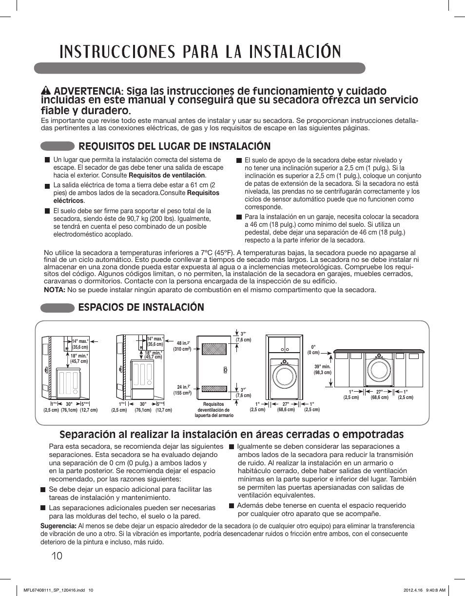 Espacios de instalación, Requisitos del lugar de instalación | LG DLGX2656V User Manual | Page 58 / 100