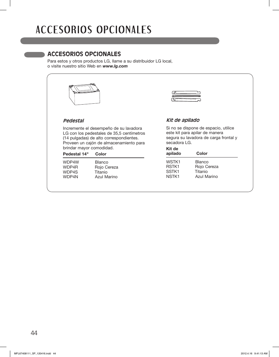 Accesorios opcionales | LG DLGX2656V User Manual | Page 92 / 100