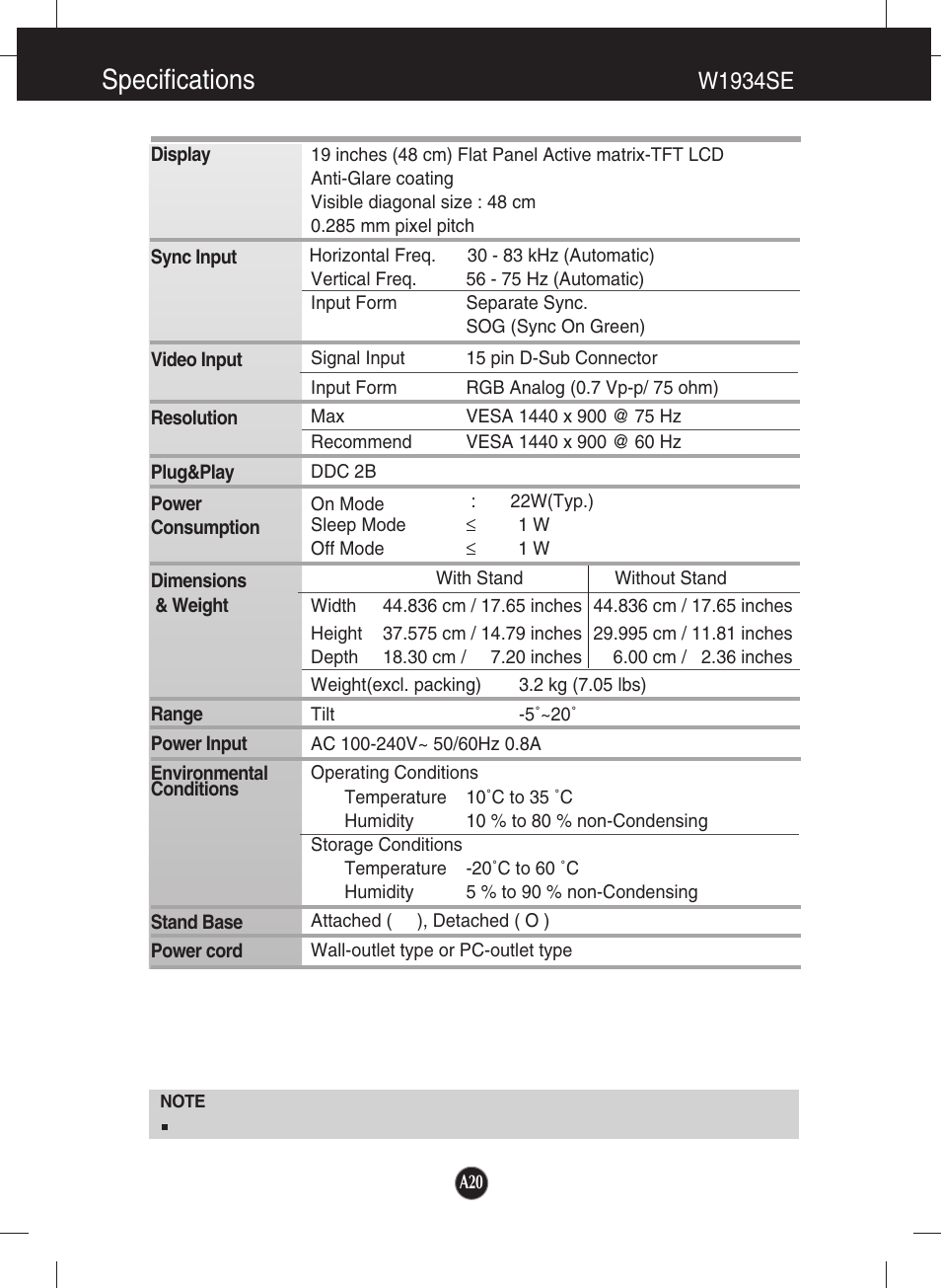 W1934se, Specifications | LG W1934S-SN User Manual | Page 21 / 27