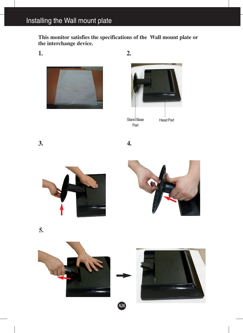 Installing the wall mount plate | LG W1934S-SN User Manual | Page 25 / 27
