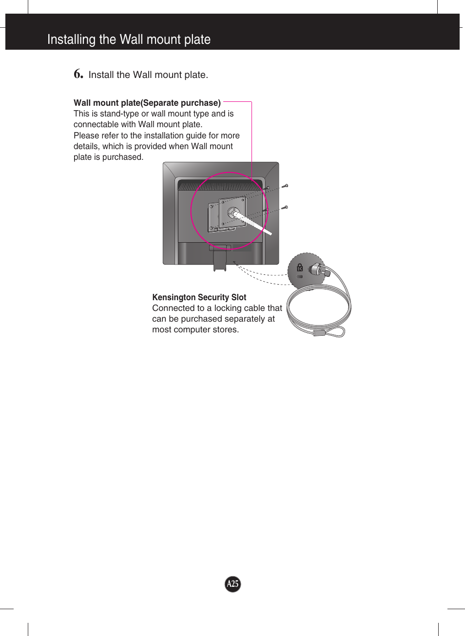 Installing the wall mount plate | LG W1934S-SN User Manual | Page 26 / 27