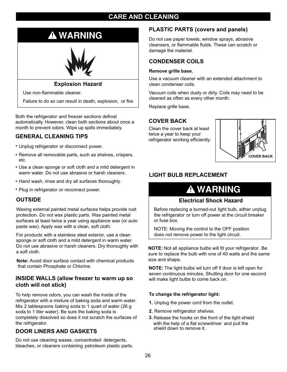 Warning, Care and cleaning | LG LBC22520TT User Manual | Page 26 / 36