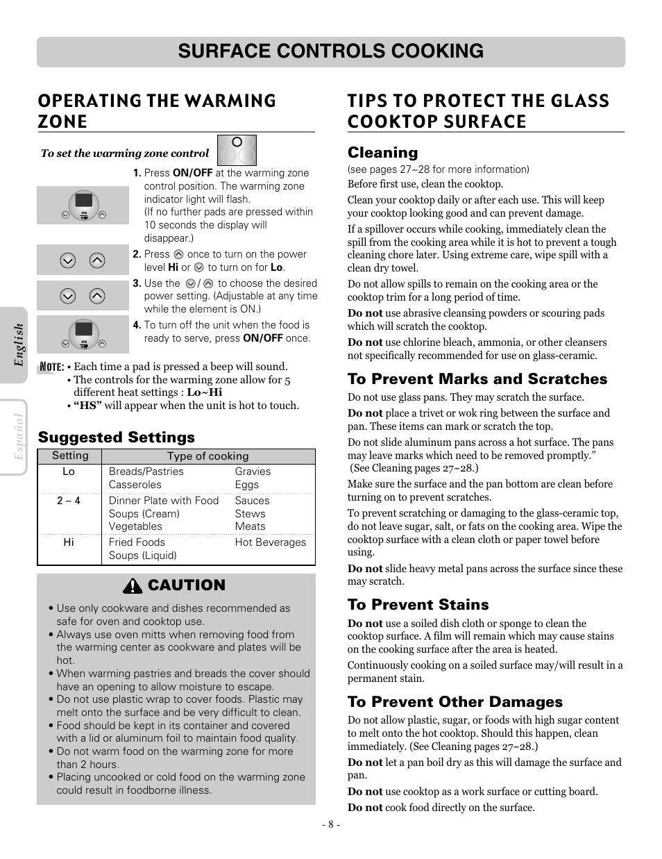 Surface controls cooking, Operating the warming zone, Tips to protect the glass cooktop surface | Suggested settings, Cleaning, Caution | LG LRE30451ST User Manual | Page 8 / 34