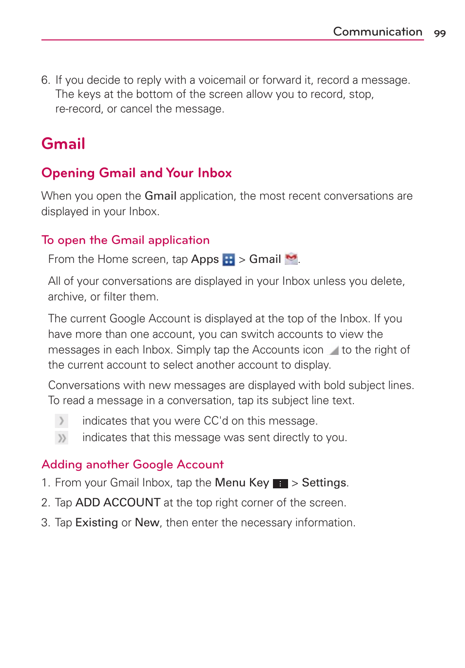 Gmail, Nbjm, 0qfojoh(nbjmboe:pvs*ocpy | LG VS930 User Manual | Page 101 / 198