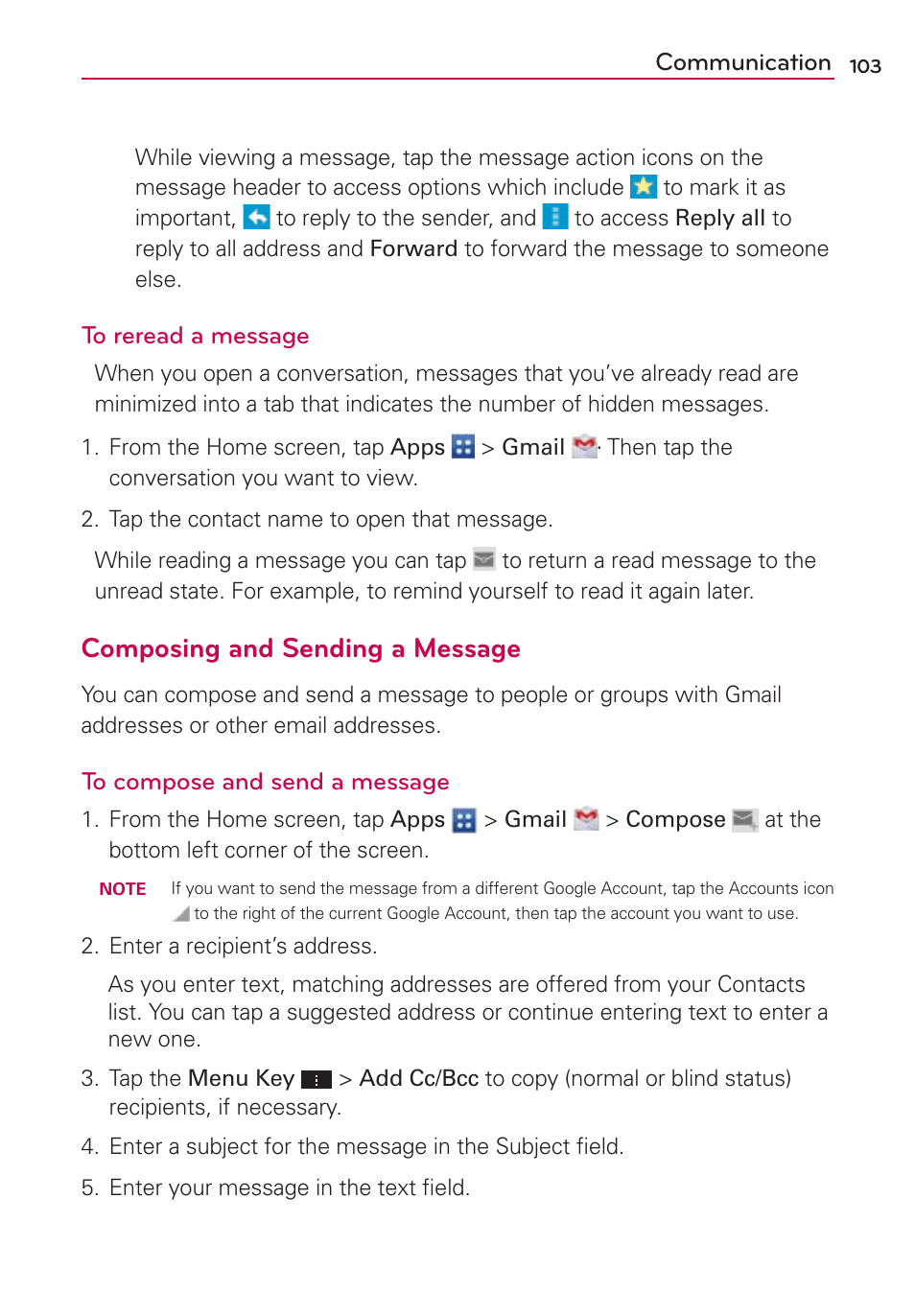 Composing and sending a message | LG VS930 User Manual | Page 105 / 198
