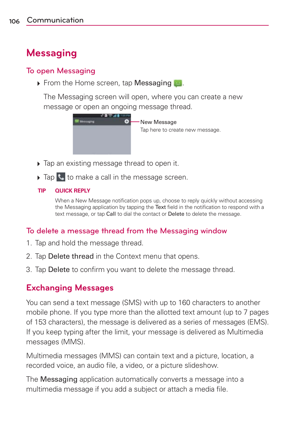 Messaging, Exchanging messages, Communication | LG VS930 User Manual | Page 108 / 198