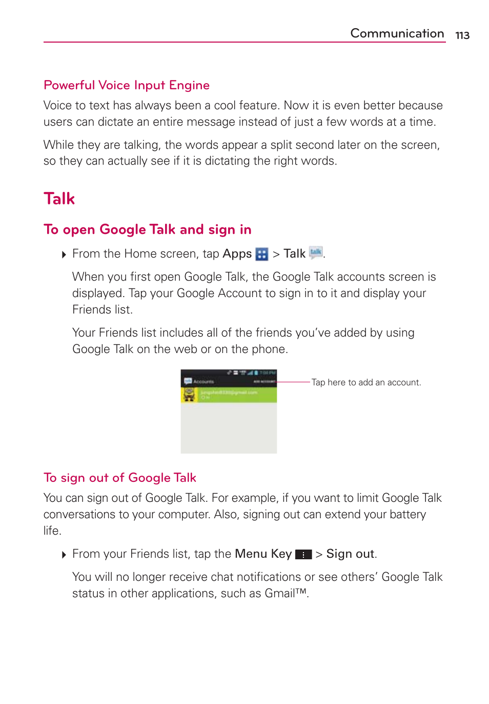 Talk, 5ppqfo(pphmf5bmlboetjhojo | LG VS930 User Manual | Page 115 / 198