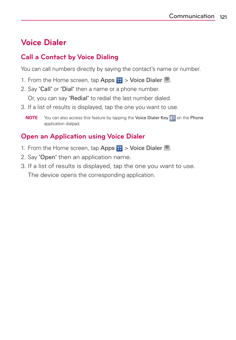 Voice dialer, Call a contact by voice dialing, Open an application using voice dialer | LG VS930 User Manual | Page 123 / 198