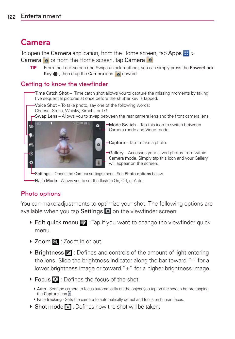 Entertainment, Camera, Getting to know the viewﬁnder | Photo options | LG VS930 User Manual | Page 124 / 198