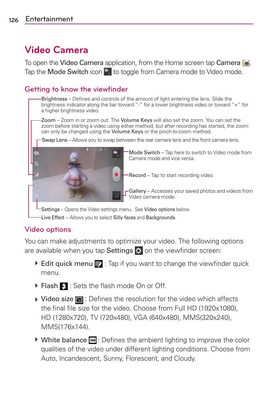 Video camera, Entertainment, Getting to know the viewﬁnder | Video options | LG VS930 User Manual | Page 128 / 198