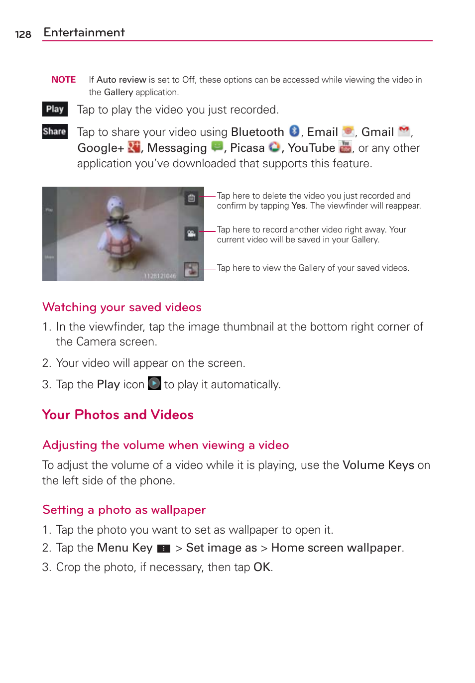 Pvs1ipuptboe7jefpt, Entertainment, Watching your saved videos | Adjusting the volume when viewing a video, Setting a photo as wallpaper | LG VS930 User Manual | Page 130 / 198