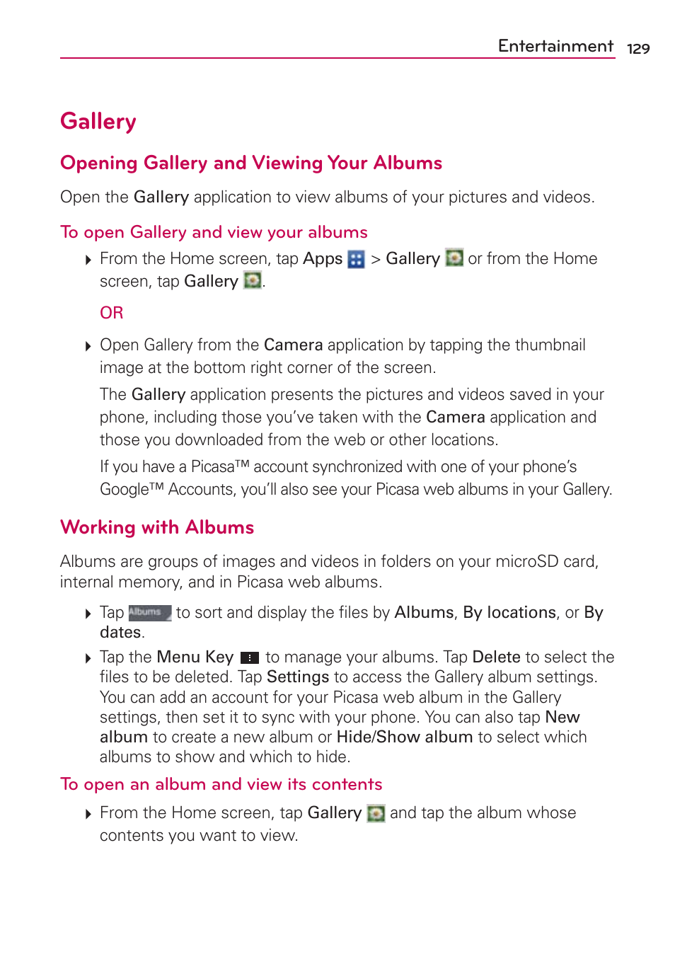 Gallery, Bmmfsz, 0qfojoh(bmmfszboe7jfxjoh:pvs"mcvnt | Working with albums | LG VS930 User Manual | Page 131 / 198