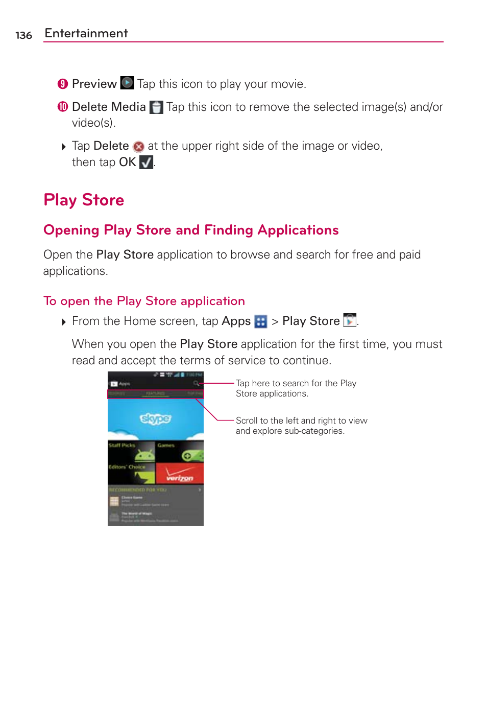 Play store, Opening play store and finding applications | LG VS930 User Manual | Page 138 / 198