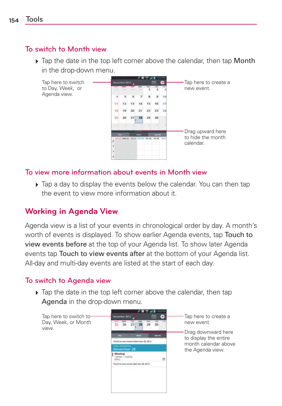 Working in agenda view, Tools to switch to month view | LG VS930 User Manual | Page 156 / 198