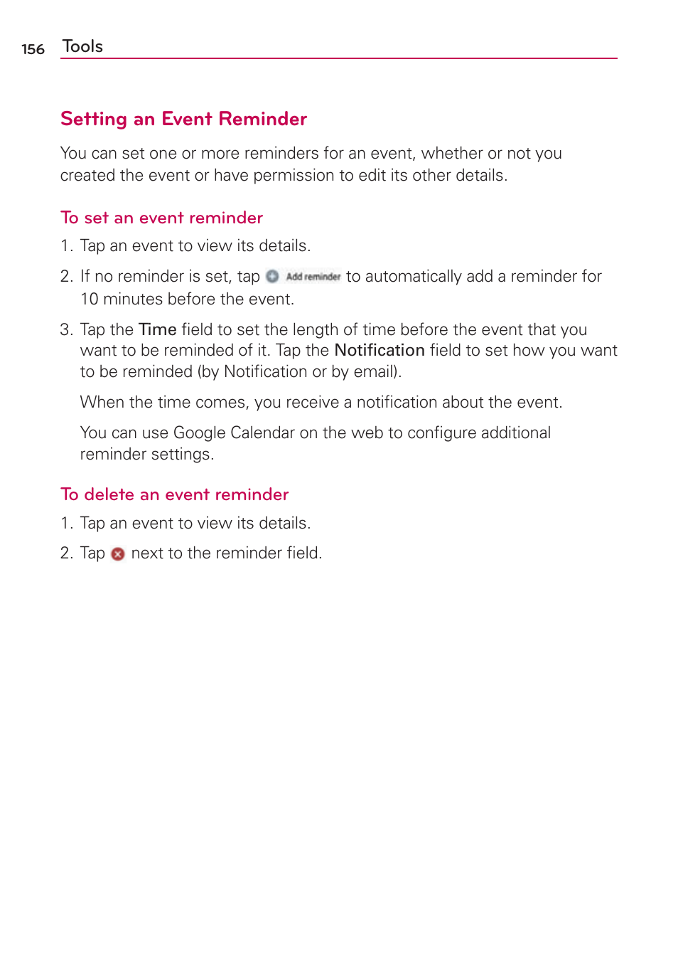 Setting an event reminder | LG VS930 User Manual | Page 158 / 198