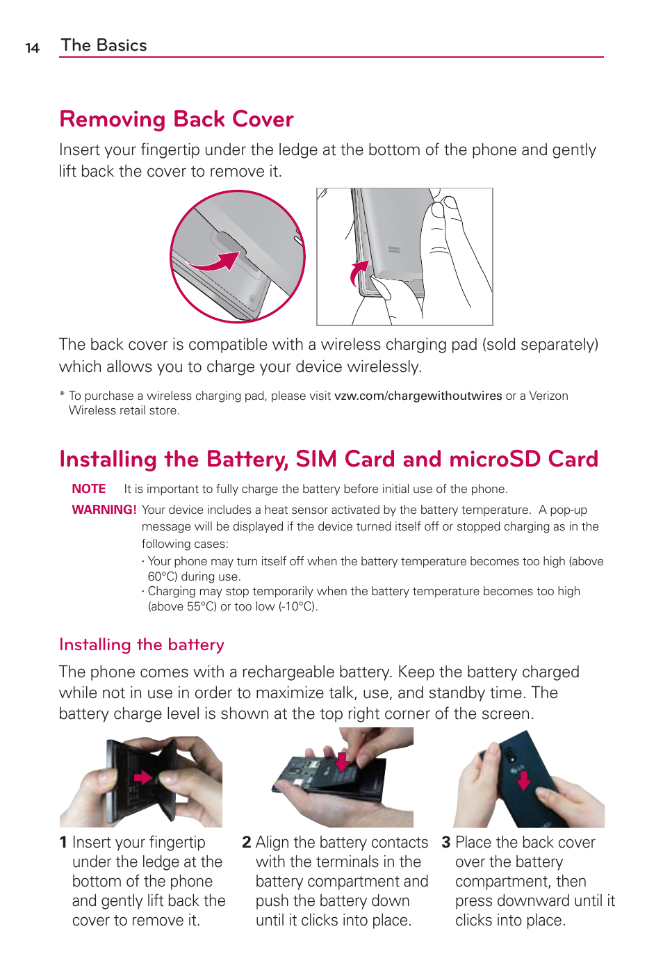 Removing back cover, Installing the battery, sim card and microsd card, The basics | Installing the battery | LG VS930 User Manual | Page 16 / 198