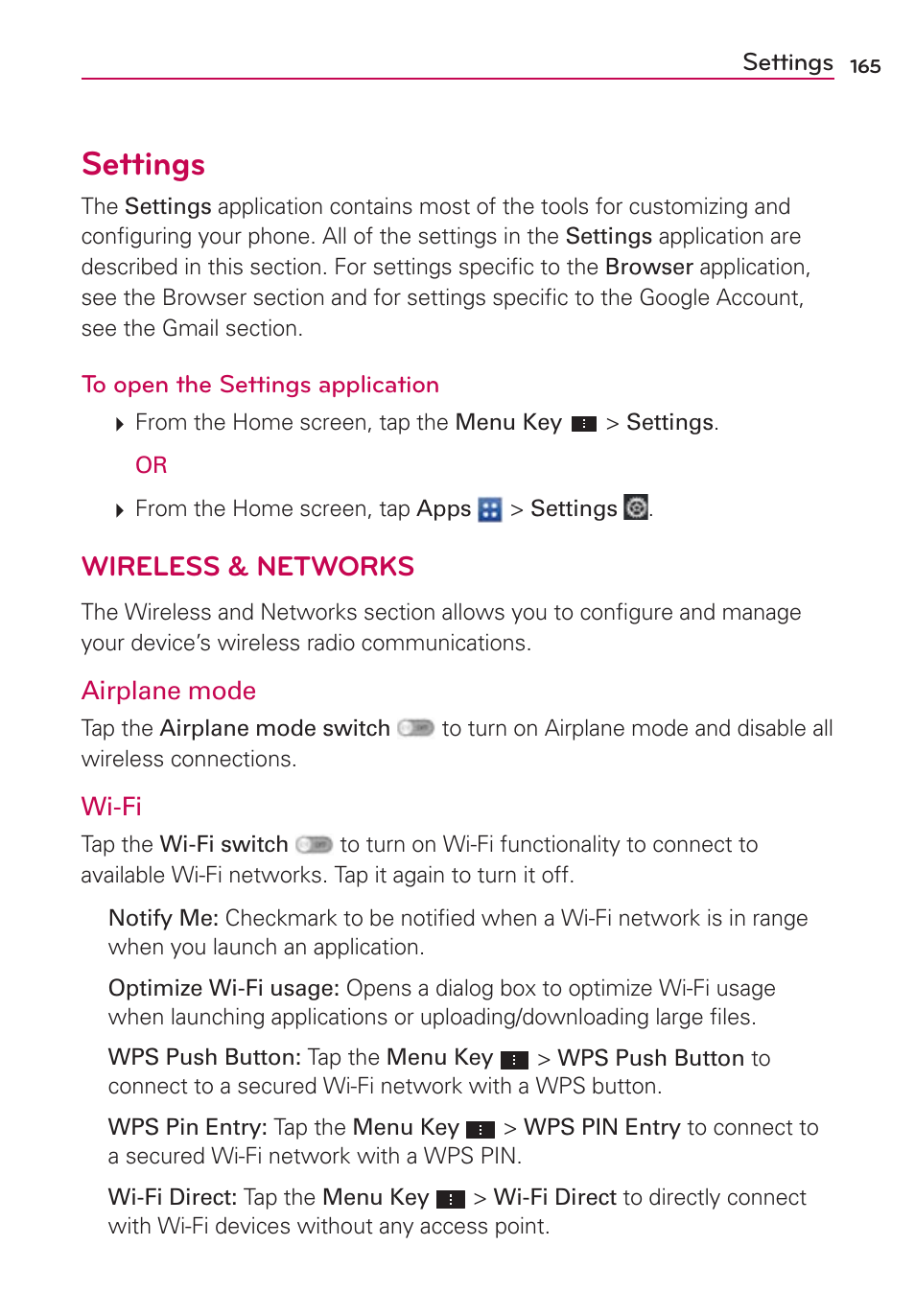 Settings | LG VS930 User Manual | Page 167 / 198