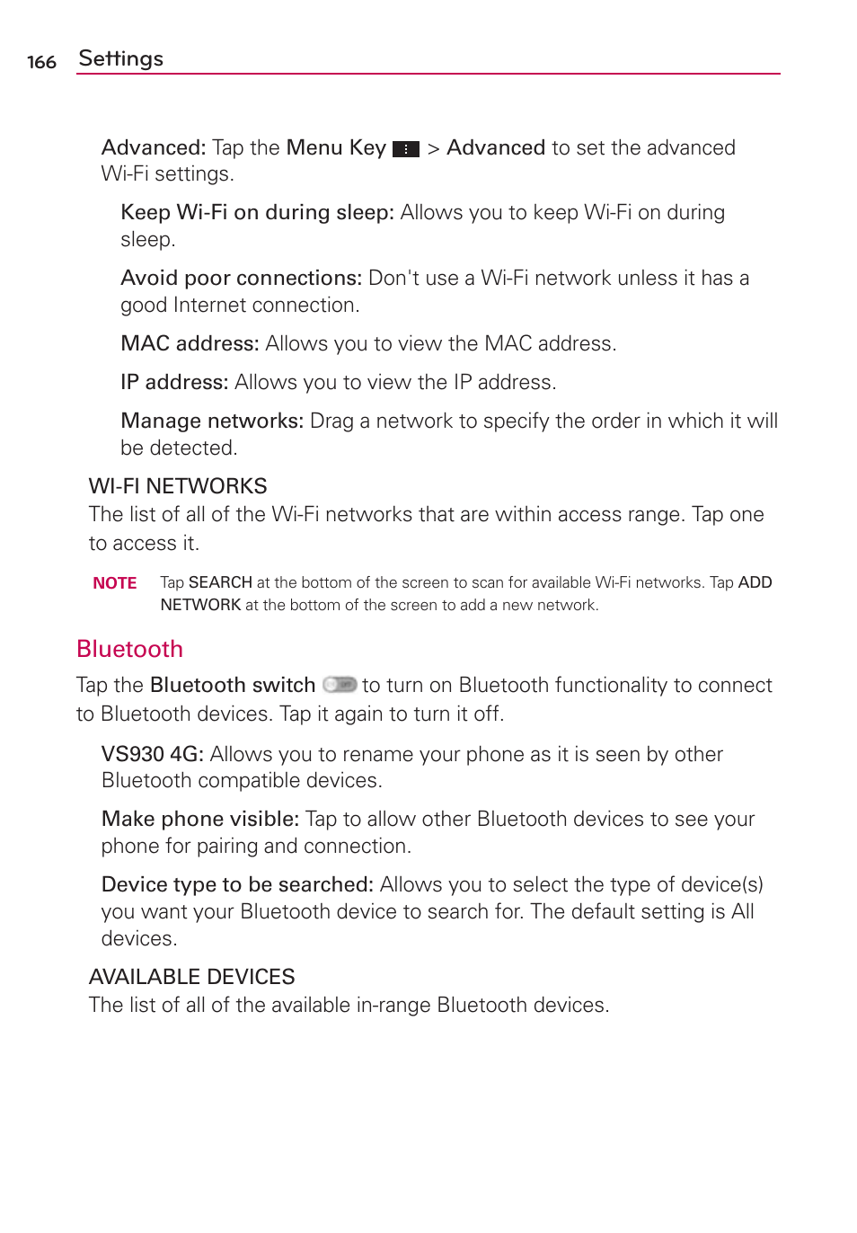 Settings, Bluetooth | LG VS930 User Manual | Page 168 / 198